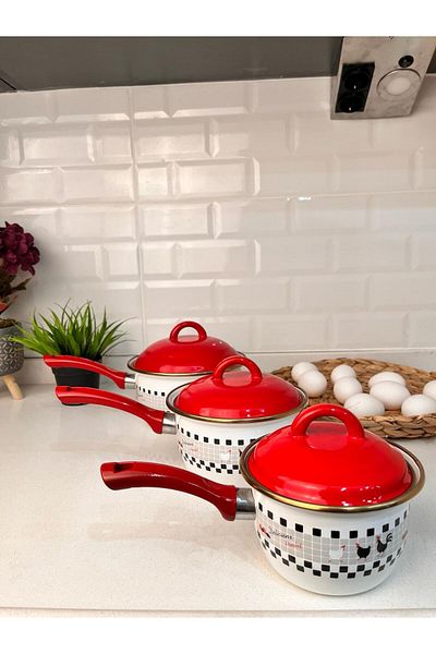 Akkoyunlu home Rafadan Egg Cooking Boiling Pot and Sauce Pot Enamel Pan 12-14-16 cm 3-Piece