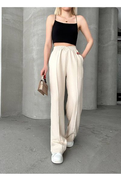 ÇEÇİM Loose Linen Trousers with Elastic Waist and Snap Detail - ZYN-58649