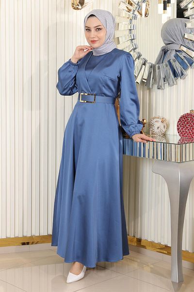 Modamihram Abendkleid aus Satin mit Gürtel Blau 19191