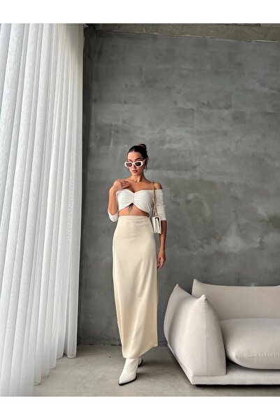 Monje Maxi Saten Taş Rengi Etek