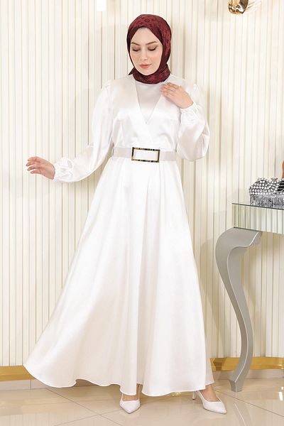Modamihram Abendkleid aus Satin mit Gürtel Weiß 19191