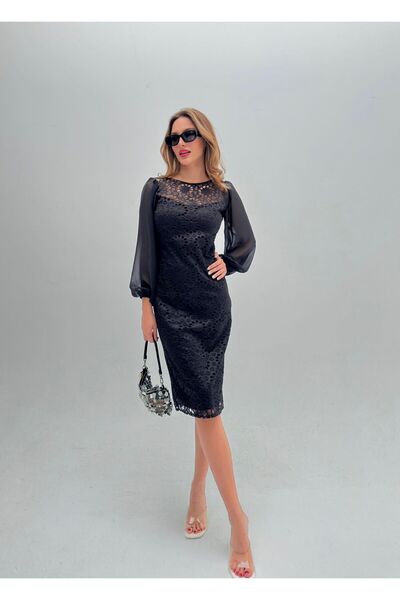 BUTİKROMANO Dámské šifonové krajkové šaty s midi rukávy