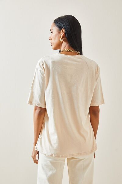 XHAN Μπλουζάκι με κρεμ εμπρός στάμπα Oversize Basic 5YXK1-48305-22