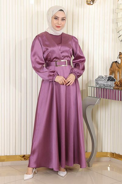 Modamihram Belted Satin Evening Dress Dried Rose 19191