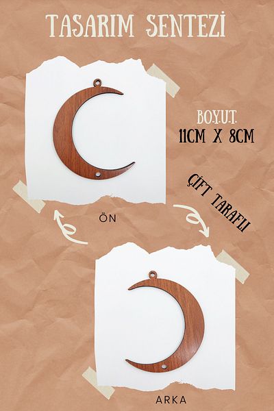 Tasarım Sentezi Wooden Crescent Figure Moon Symbol Decorative Ornament Moon Wall Pattern Icon Walnut Color X 4 Pieces