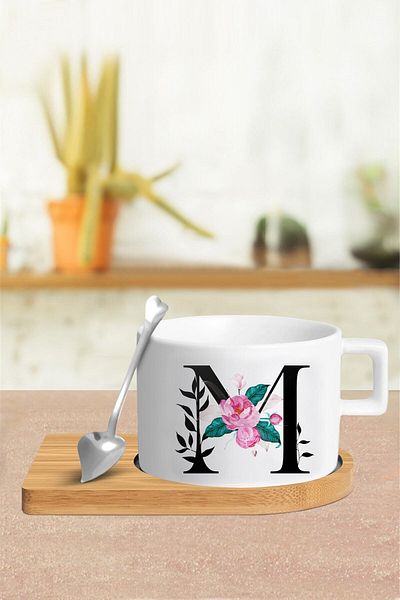 yhfoto Cup Set with Letter M - Cup - Spoon and Saucer - Tkm17