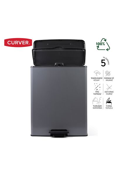 CURVER DecoBin 65L Gri, Închidere moale, Pedală, 1 Clasa Plastic, Coș de gunoi