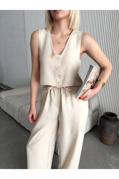 ÇEÇİM KADIN REGULAR FİT KETEN YELEKLİ PANTOLON ALT ÜST TAKIM ZYN-58650