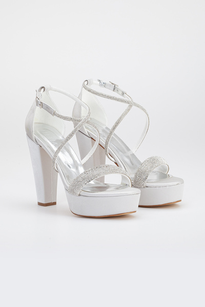 LİLLA women's high platform silver evening shoes with stones
