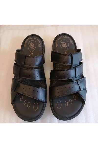 FELLUCE Black Genuine Leather Three-Stripe Soft Polyurethane Non-Slip Sole Unisex Slippers