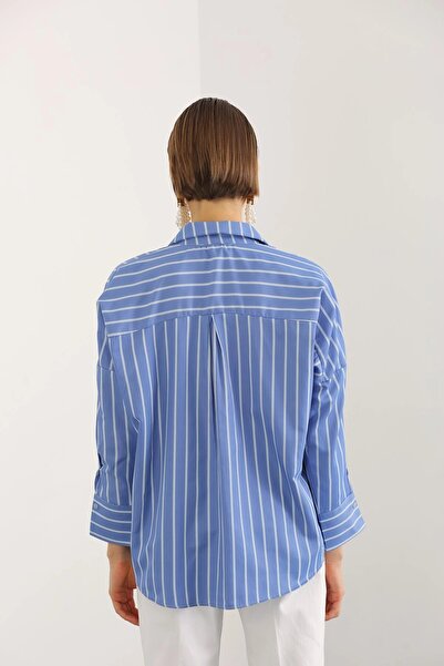 HARMONY GLOBAL Cămașă oversize cu dungi din țesătură moale, albastră, cu un singur buzunar 2557