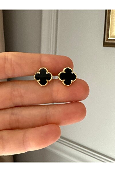 emy by emel luxury silver jewelry Altın Kaplama Siyah Taşlı Yonca Küpe 925 Ay...