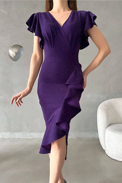lovebox Women's Purple Lurex Fabric Double Breasted Neckline Flounce Detailed Evening Dress 121