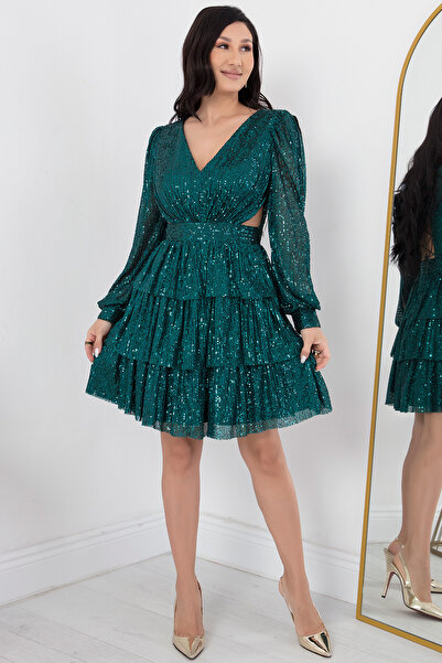 PULLIMM Sırtı İp Detay Kat Kat Pulpayet Elbise DNS1478