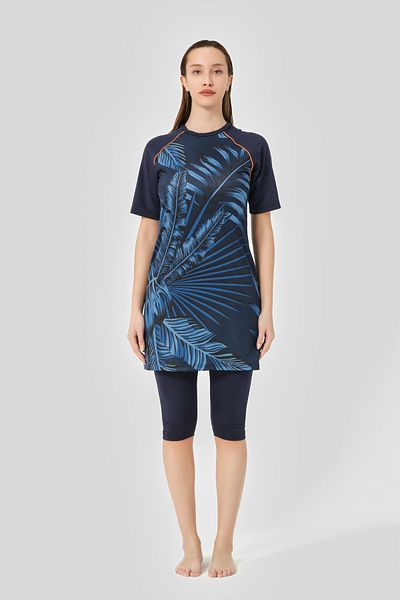 ALFASA Quick Dry Patterned Raglan Oversize Half Sleeve Semi Covered Hijab Swimsuit Navy Blue - 2470