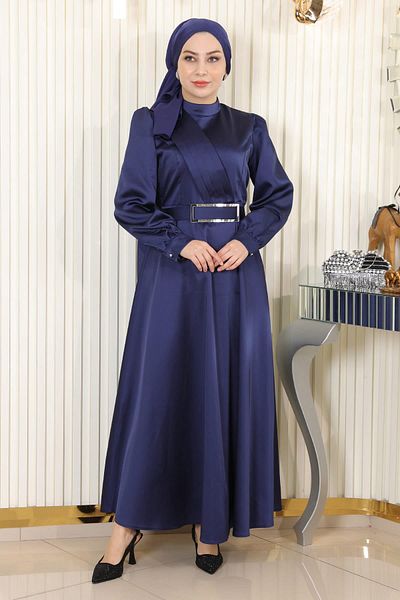 Modamihram Draped Satin Evening Dress Indigo 19192