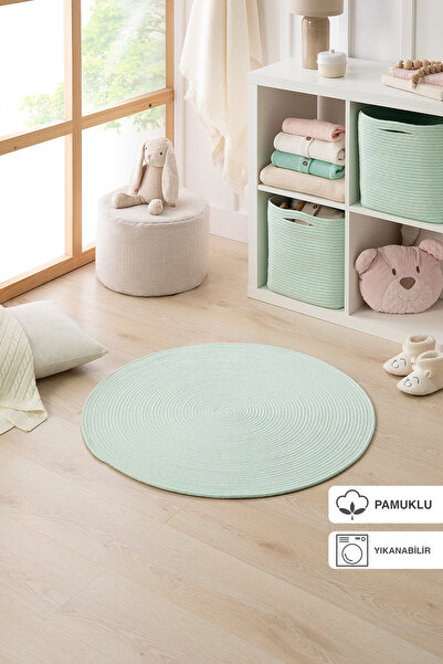 Ocean Home Textile Yıkanabilir Mint Kırçıllı Pamuklu Halı Kilim 80 Cm Çap