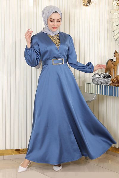 Modamihram Abendkleid aus Satin mit Steindetail Blau 19901