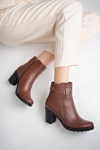 Deripabuc Genuine Leather Brown Women's Heeled Leather Boots TRC-3763
