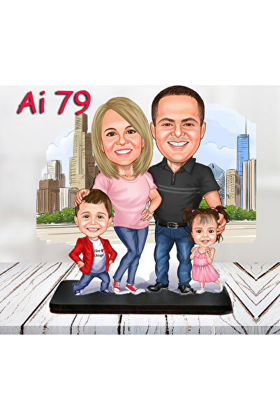 Özcan Tasarım Kişiye Özel Ahşap Biblo - Aile Karikatür Biblo - 4 Kişilik Aile...