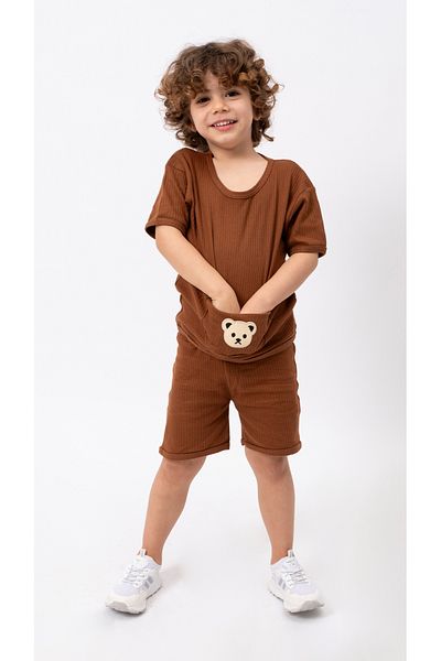 Bubito Cotton Summer Baby Kids Shorts Set with Bear Pocket Image - Brown