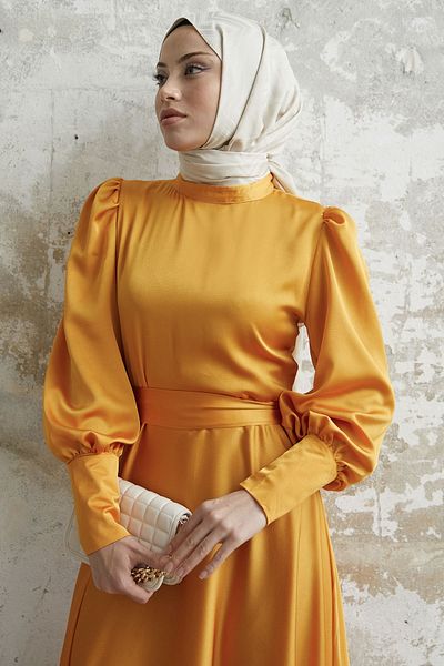 InStyle Φόρεμα με μανίκια σατέν με φερμουάρ - κίτρινο
