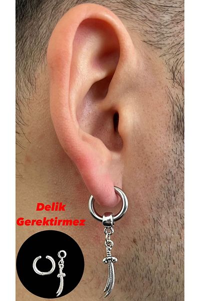 Piercing Market Steel & Silver Unisex Fake Ear - 316L Surgical Steel Earrings with Dangle Figure