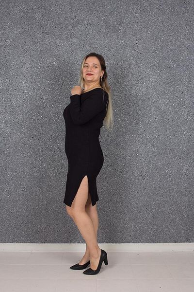 Truva XXL Plus Size Women's Clothing Boat Neck Ribbed One Side Slit Dress Black Elb637