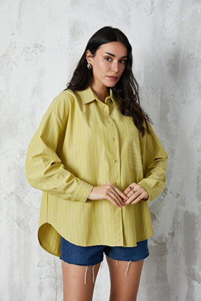 minaaise Oil Green Basic Wide Cut Striped Shirt 27075
