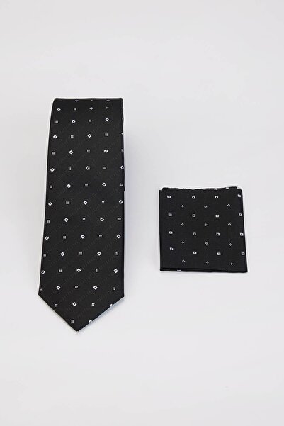 Tudors Classic Patterned Black Tie with Pocket Handkerchief
