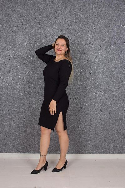 Truva XXL Plus Size Women's Clothing Boat Neck Ribbed One Side Slit Dress Black Elb637