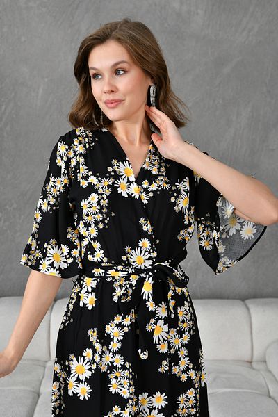 lovebox Damen-Kleid aus dehnbarem Viskosestoff mit Gänseblümchenmuster, zweireihiger Kragen, Midi-Länge, Gürtelkleid 098