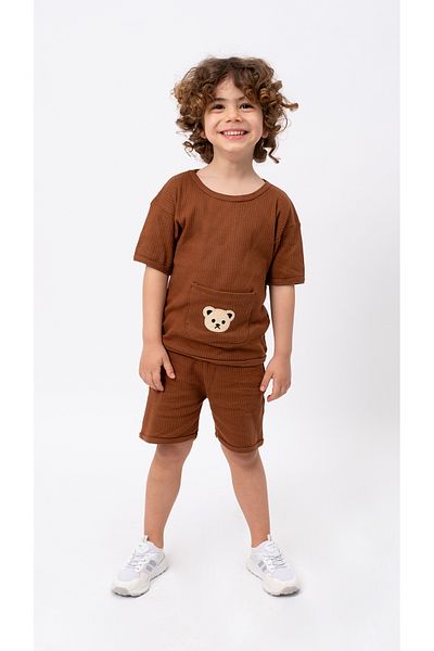 Bubito Cotton Summer Baby Kids Shorts Set with Bear Pocket Image - Brown