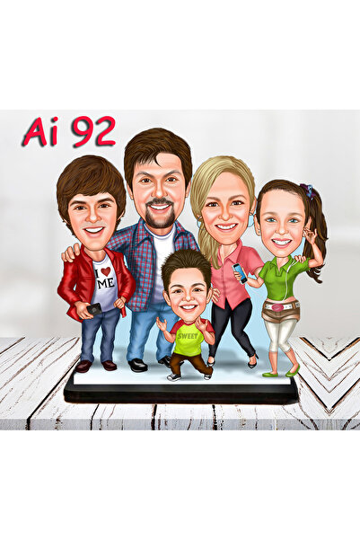 Özcan Tasarım Kişiye Özel Ahşap Biblo - Aile Karikatür Biblo - 5 Kişilik Aile...