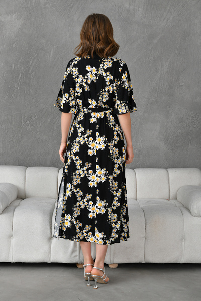 lovebox Damska rozciągliwa tkanina wiskozowa, wzorzysta stokrotka, kołnierz z podwójnymi piersiami, długość midi, sukienka z paskiem 098