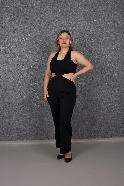 Truva XXL Large Size Candy Fabric Back Low-cut Style Jumpsuit Black T176