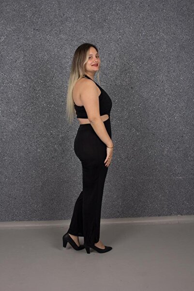 Truva XXL Large Size Candy Fabric Back Low-cut Style Jumpsuit Black T176