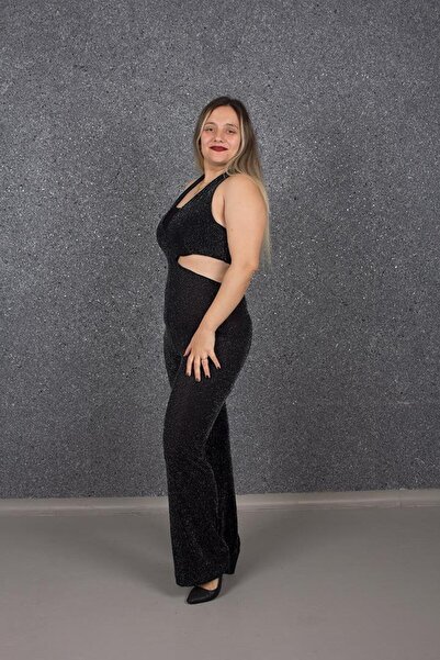 Truva XXL Large Size Backless Style Glitter Jumpsuit Black T179