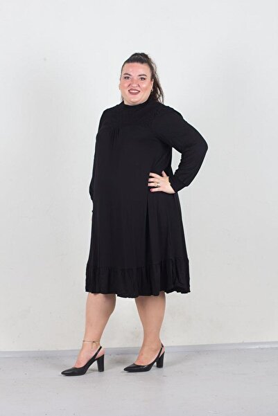 Truva XXL Φόρεμα με μακρύ μανίκι πλισέ χτενισμένο από βαμβακερό χτένισμα μαύρο Elb599