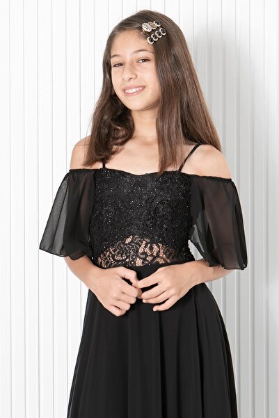 SUBU TASARIM Βραδινό φόρεμα μακρύ σιφόν με λεπτομέρεια μανίκι Μαύρο Mdv330