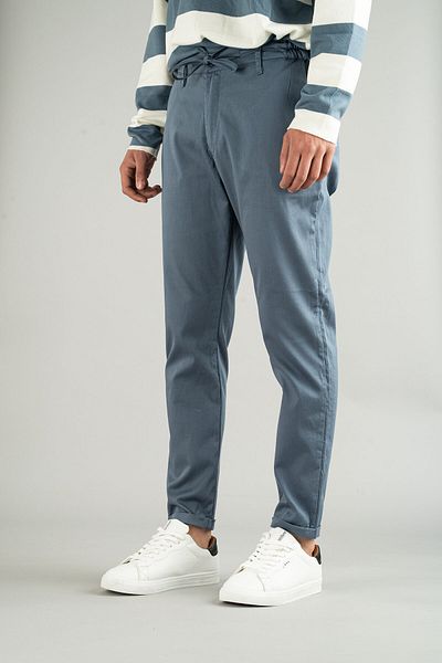 bombe Men's Indigo Side Pocket Belted Elastic Laced Double Leg Slim Fit Jogger Trousers