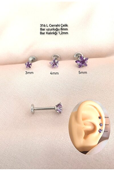 Bylin %100 316 L Cerrahi Çelik Mor Yıldız Tek Taş Dudak/Kulak Piercing Takısı...