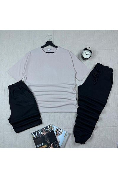 khufu Oversize μπεζ χαλαρή εφαρμογή T-shirt Μαύρο σορτς και φούτερ Σετ 3 τεμαχίων Unisex