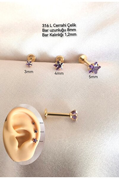 Bylin %100 316 L Cerrahi Çelik Mor Taşlı Yıldız Dudak/Kulak Piercing Takısı (...