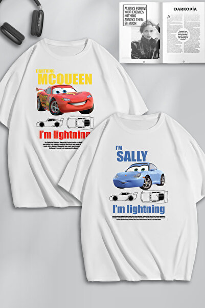 darkopia Unisex Kadın Erkek Şimşek McQueen ve Sally Baskılı Sevgili Çift Kombini Tasarım Oversize Tshirt 2'li