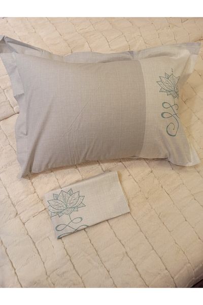 ŞENER HOME 50X70 cm Line Blue Gray Floral Cotton Poplin Flounced 2-Piece Hobby Pillow Case