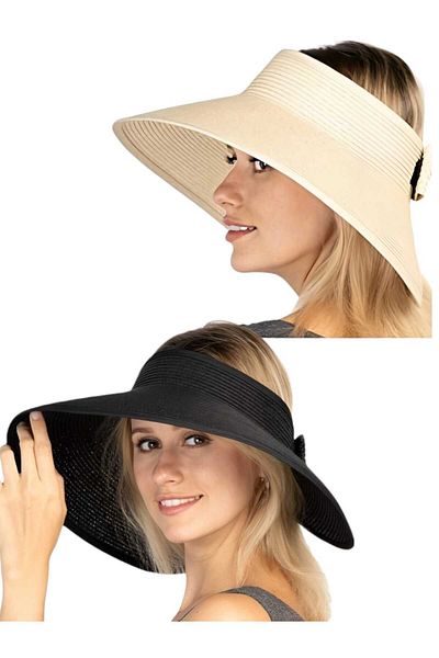 Mood Agenda Women's Wide Brim UV Protection Bow Straw Visor Hat Set of 2