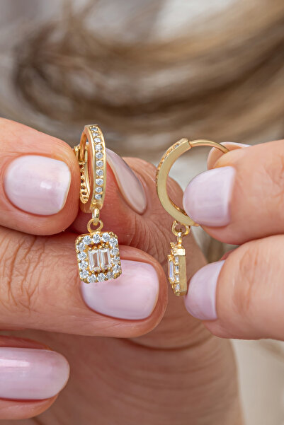 Nereze 925 Ayar Gümüş Gold 10 Mm Halka Sallantılı Baget Taşlı Küpe