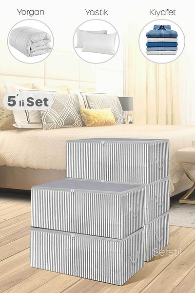 Serstil 5 Pieces - Mini Size Printed Detailed Anthracite Striped Storage Bag 30 X 22 X 18 Cm