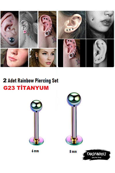 Takıparkxs G23 Titanyum Rainbow 2 Adet Set 6-8mm Top Uçlu Labret Piercing